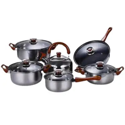 12 Piece Pot Set Stainless Steel Base with Wooden Grain Finish